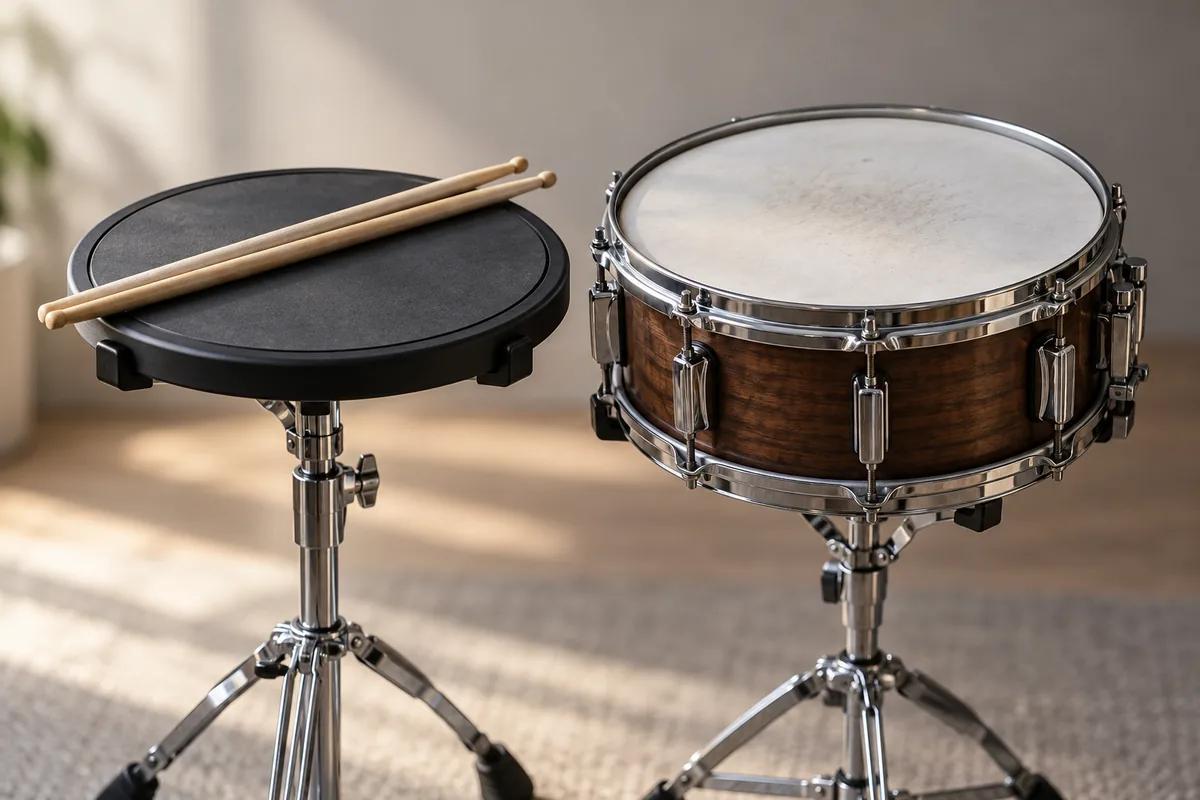 A practice pad on a stand beside a snare drum, set at the same height.