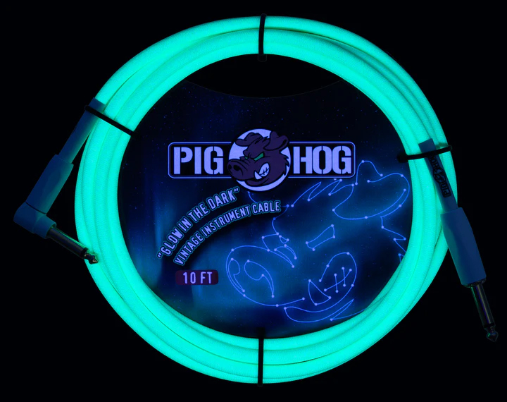 Pig Hog PIG HOG GLOW IN THE DARK INSTRUMENT CABLE, 10FT, RIGHT ANGLE
