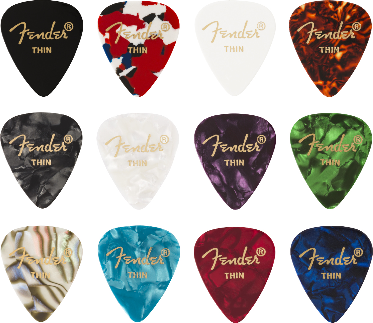 FENDER FENDER 351 MEDLEY PACK, 12 PICKS, CELLULOID, THIN, ONE OF EACH