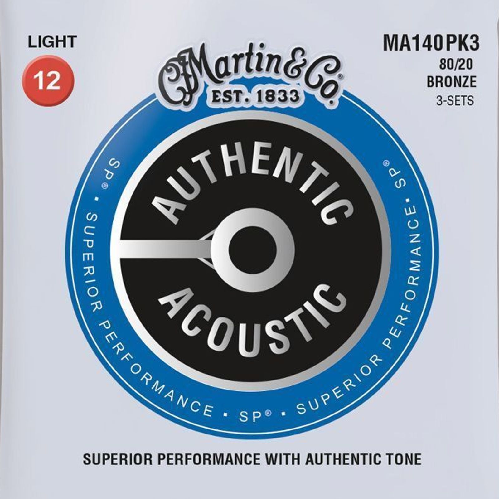 Martin Martin MA140 Authentic Acoustic SP 80/20 Bronze Acoustic Guitar Strings - Light (.12 - .54) - 6 PACK