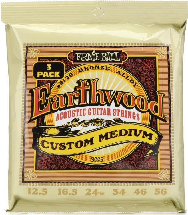 Ernie Ball Earthwood Phosphor Bronze Acoustic Guitar Strings - 12.5-56 Custom Med 3pk