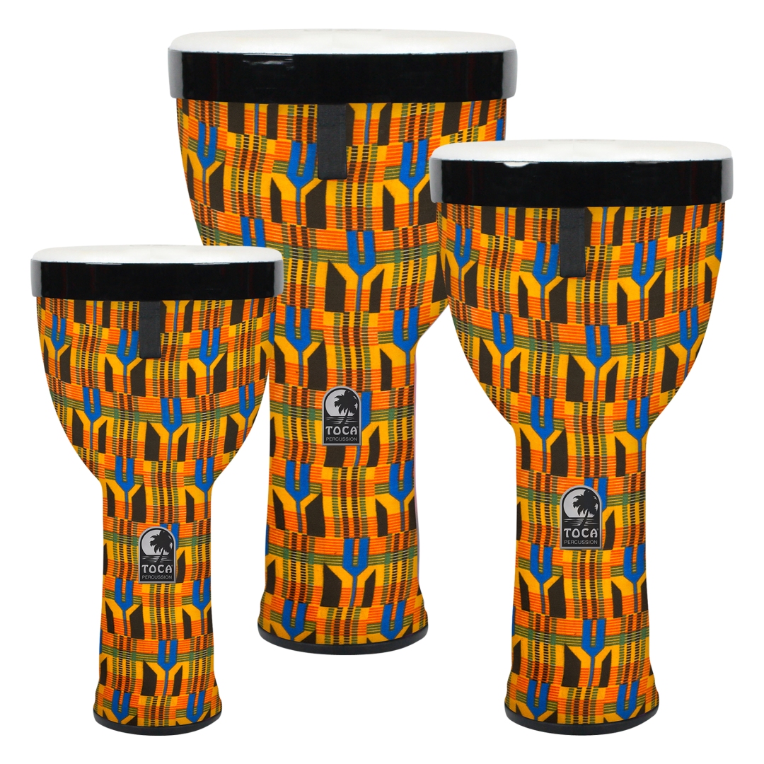 Toca Percussion Sympatico�Nesting Djembe, Kente Cloth, Tunable Fiber - 3 Pack