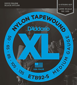 D'Addario D'Addario ETB92-5 Medium Black Nylon Tapewound 5-String Bass Strings Long Scale 50-105 Gauge