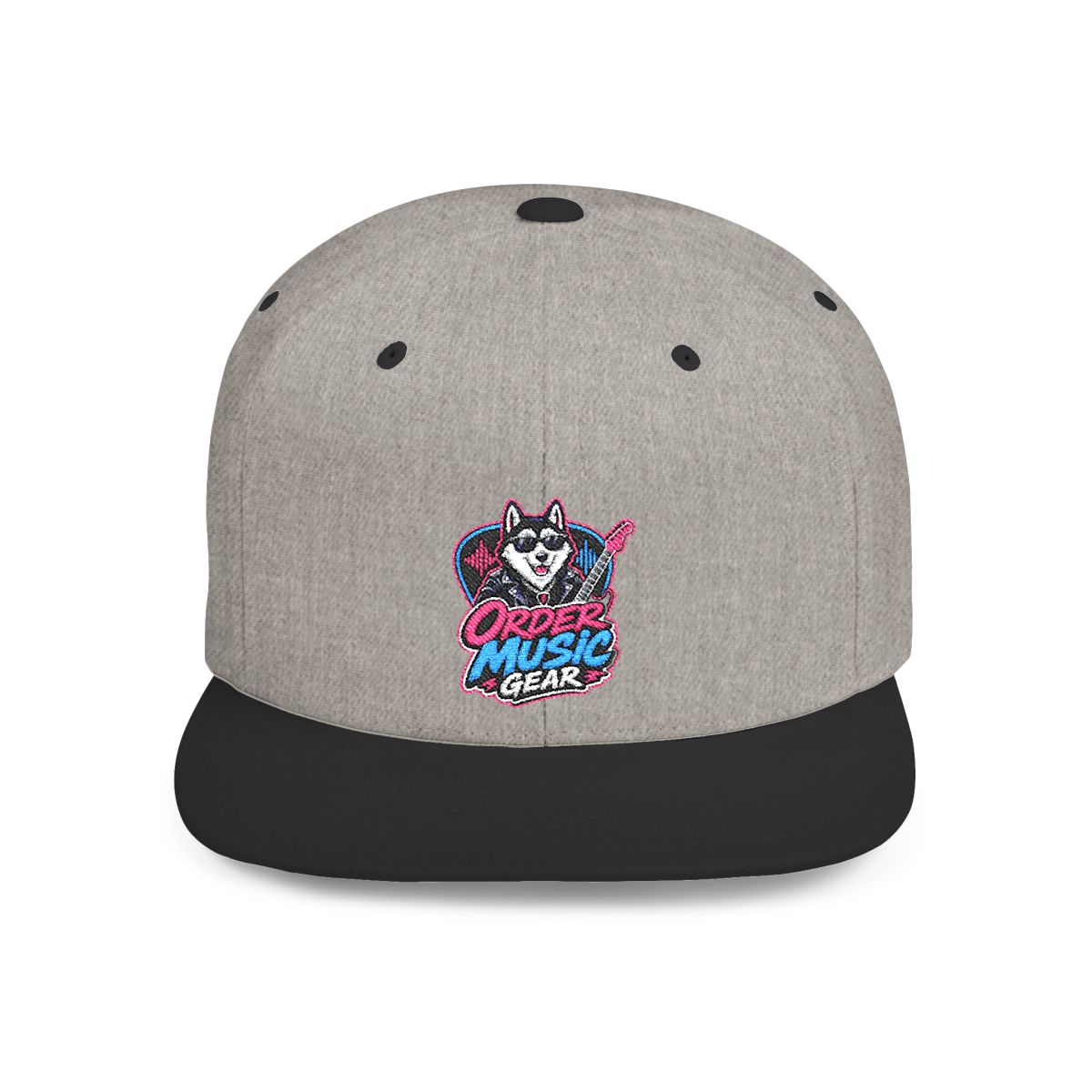 OrderMusicGear Retro Husky Logo Flat Bill Snapback | 80s Vaporwave Dog Cap - Heather Grey/Black / One size