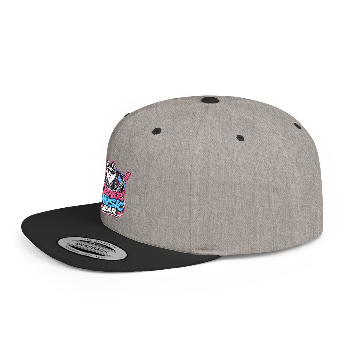 OrderMusicGear Retro Husky Logo Flat Bill Snapback | 80s Vaporwave Dog Cap - Heather Grey/Black / One size