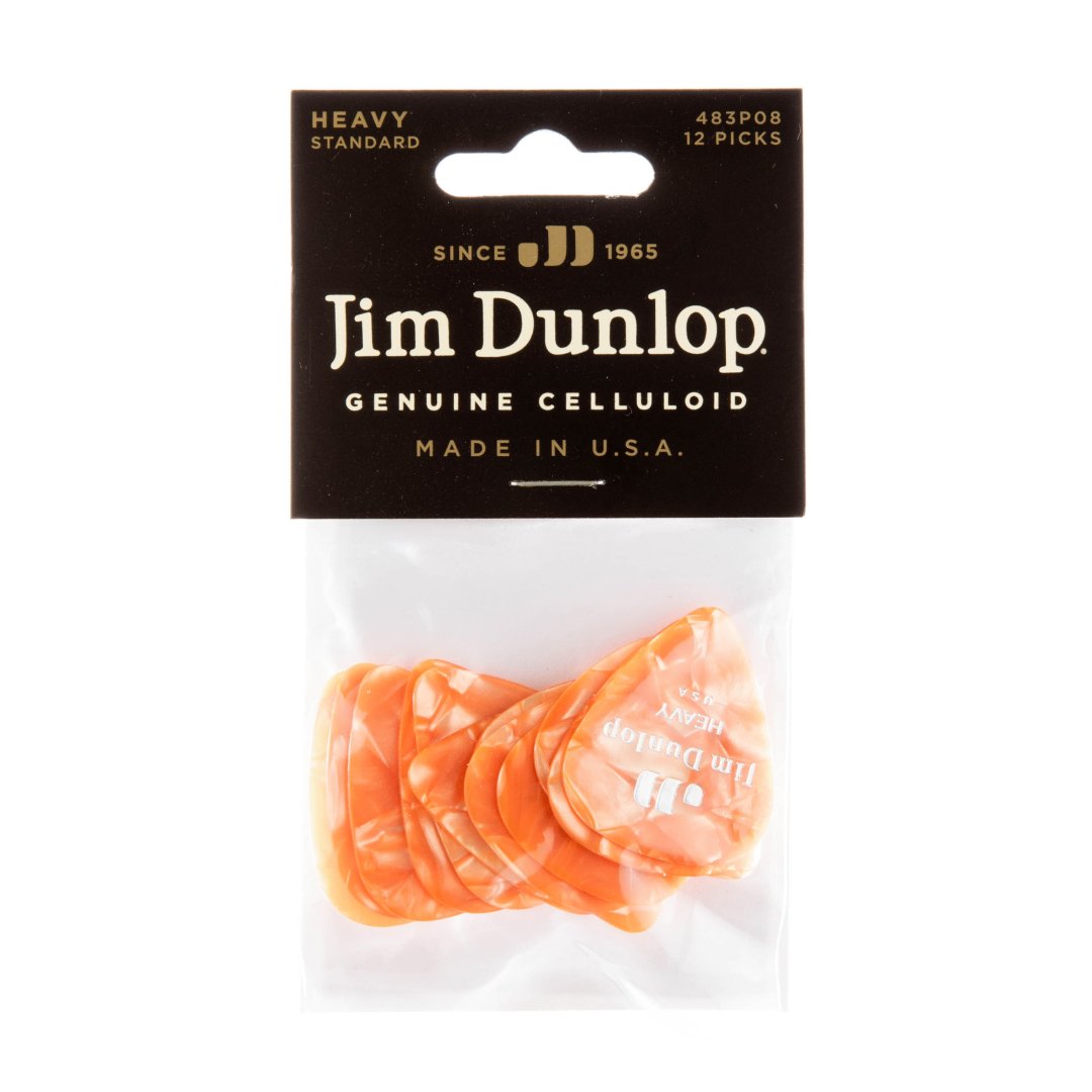Dunlop Dunlop 483P08HV Celluloid Guitar Pick. Heavy Gauge Orange Pearloid (12