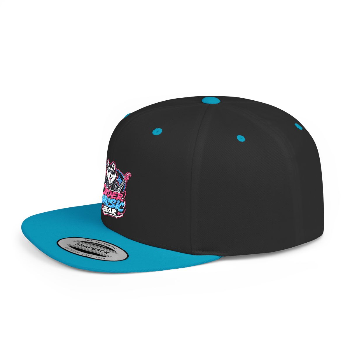 OrderMusicGear Retro Husky Logo Flat Bill Snapback | 80s Vaporwave Dog Cap - Black/Teal / One size
