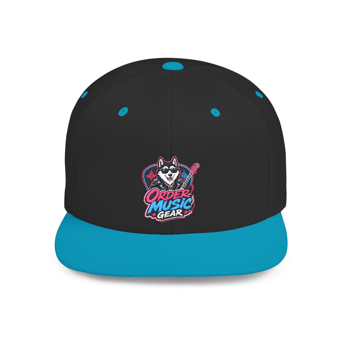 OrderMusicGear Retro Husky Logo Flat Bill Snapback | 80s Vaporwave Dog Cap - Black/Teal / One size