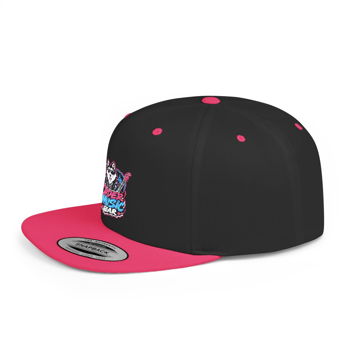 OrderMusicGear Retro Husky Logo Flat Bill Snapback | 80s Vaporwave Dog Cap - Black/Neon Pink / One size