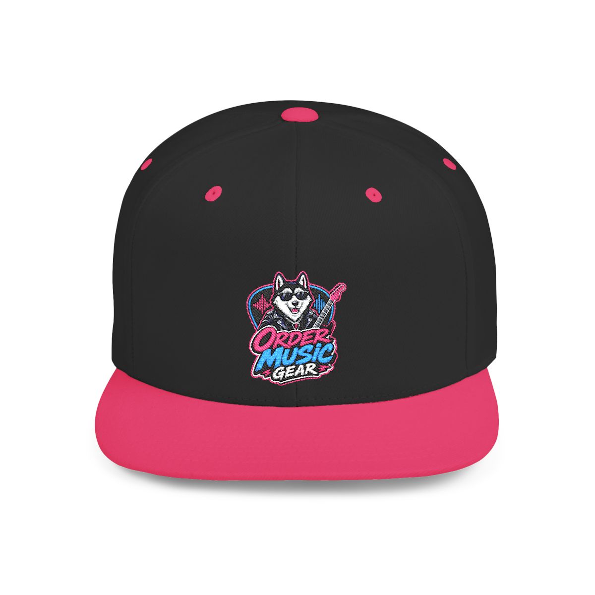 OrderMusicGear Retro Husky Logo Flat Bill Snapback | 80s Vaporwave Dog Cap - Black/Neon Pink / One size