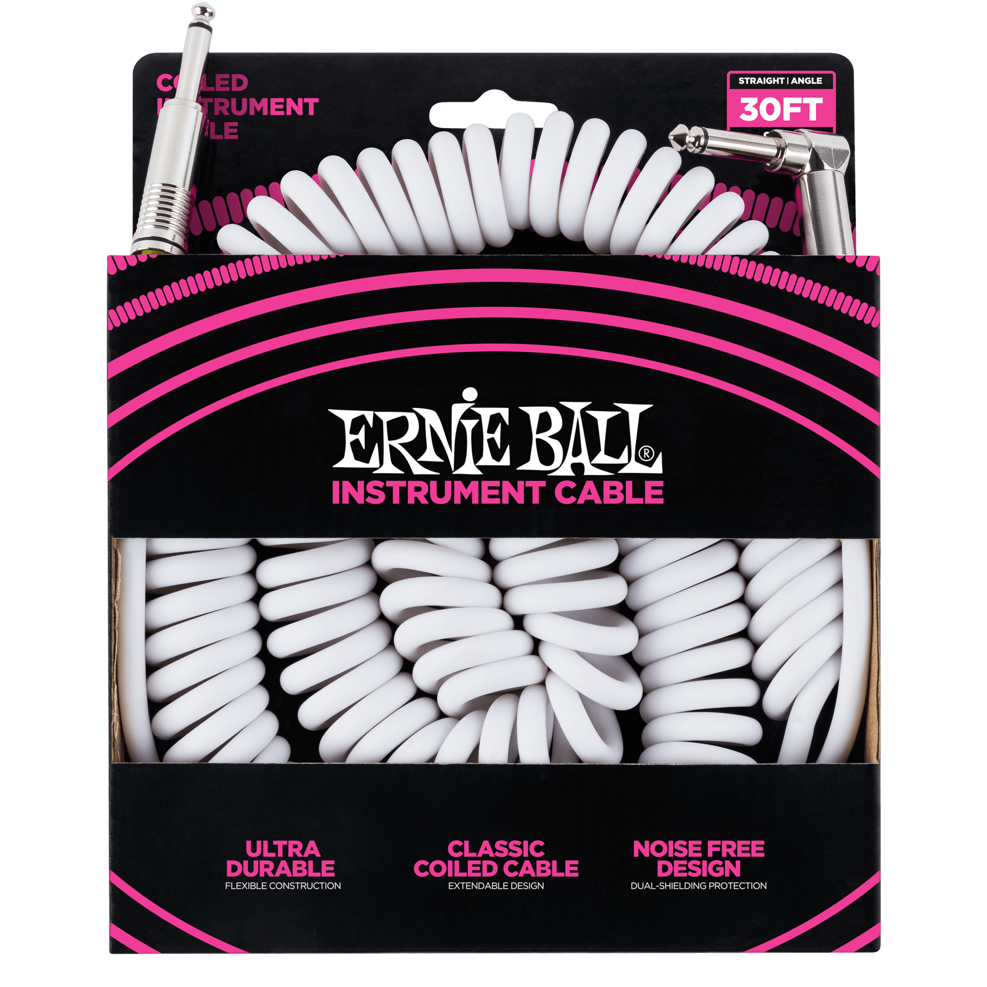Ernie Ball Ernie Ball 30' Coiled Straight / Angle Instrument Cable - White