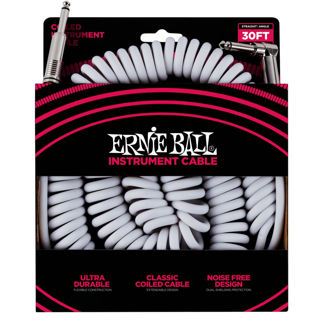 Ernie Ball 30' Coiled Straight / Angle Instrument Cable - White