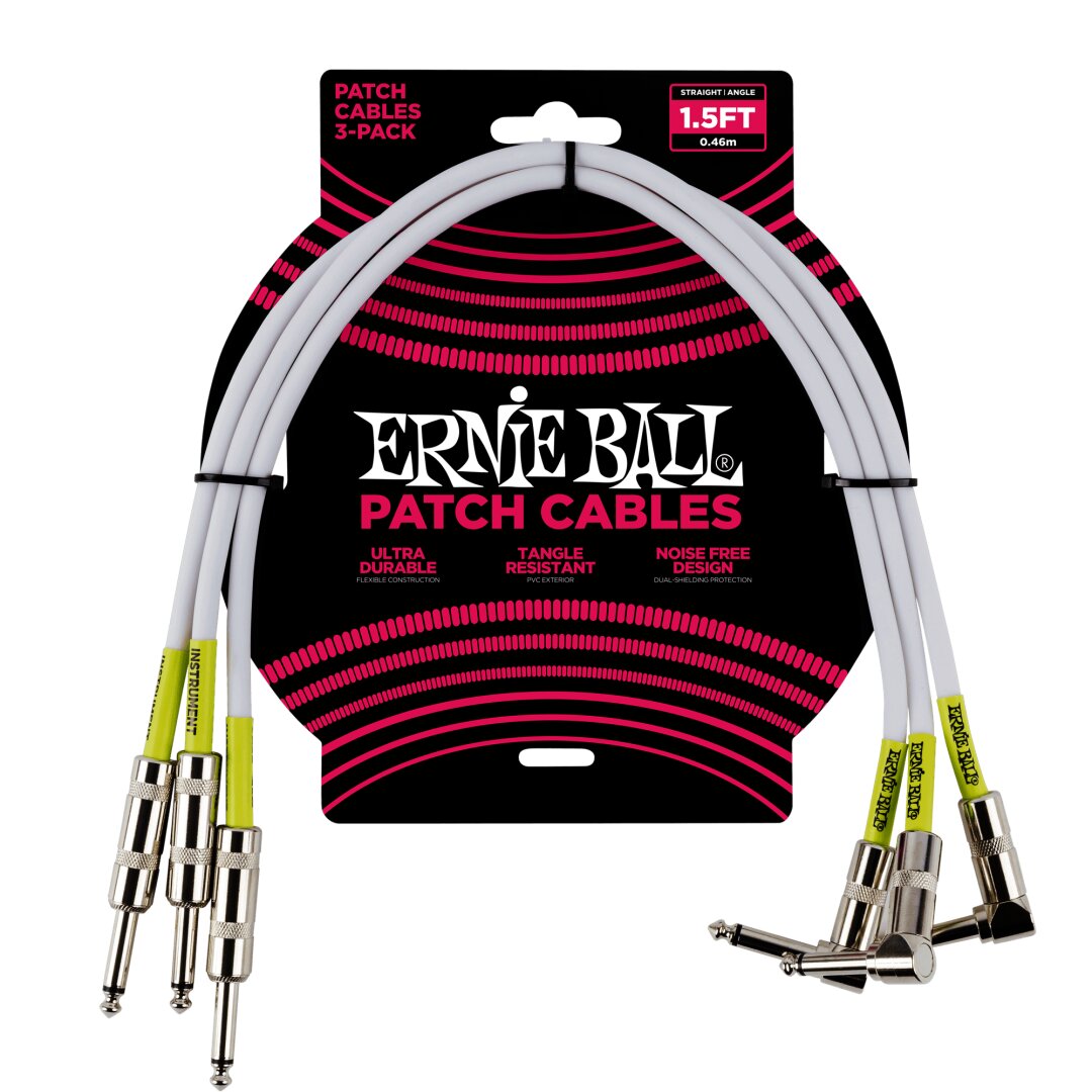 Ernie Ball 1.5' Straight / Angle Patch Cable 3-pack - White