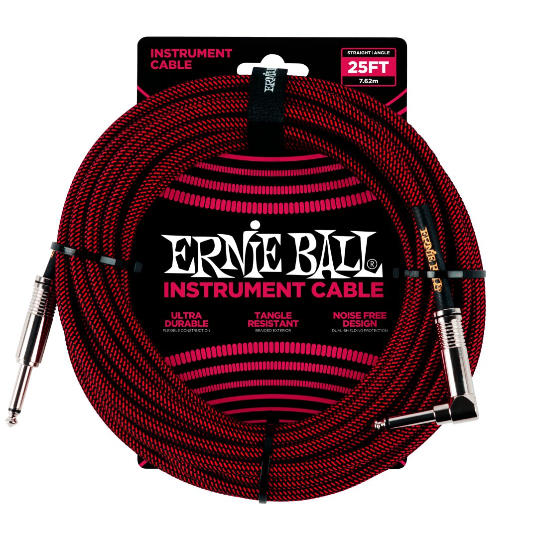 Ernie Ball 25' Braided Straight / Angle Instrument Cable - Black / Red