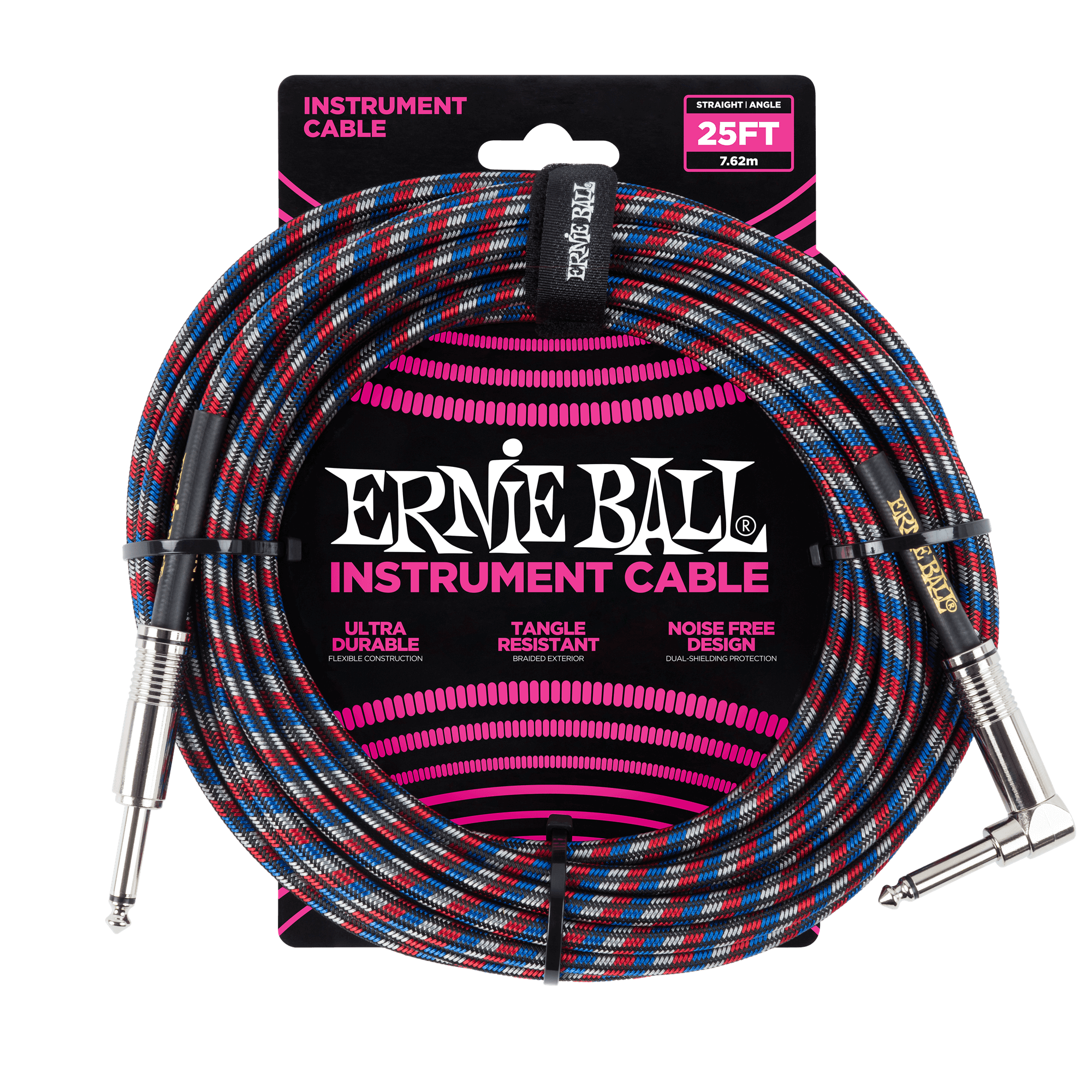 Ernie Ball Ernie Ball 25' Braided Straight / Angle Instrument Cable - Black / Red / Blue / White