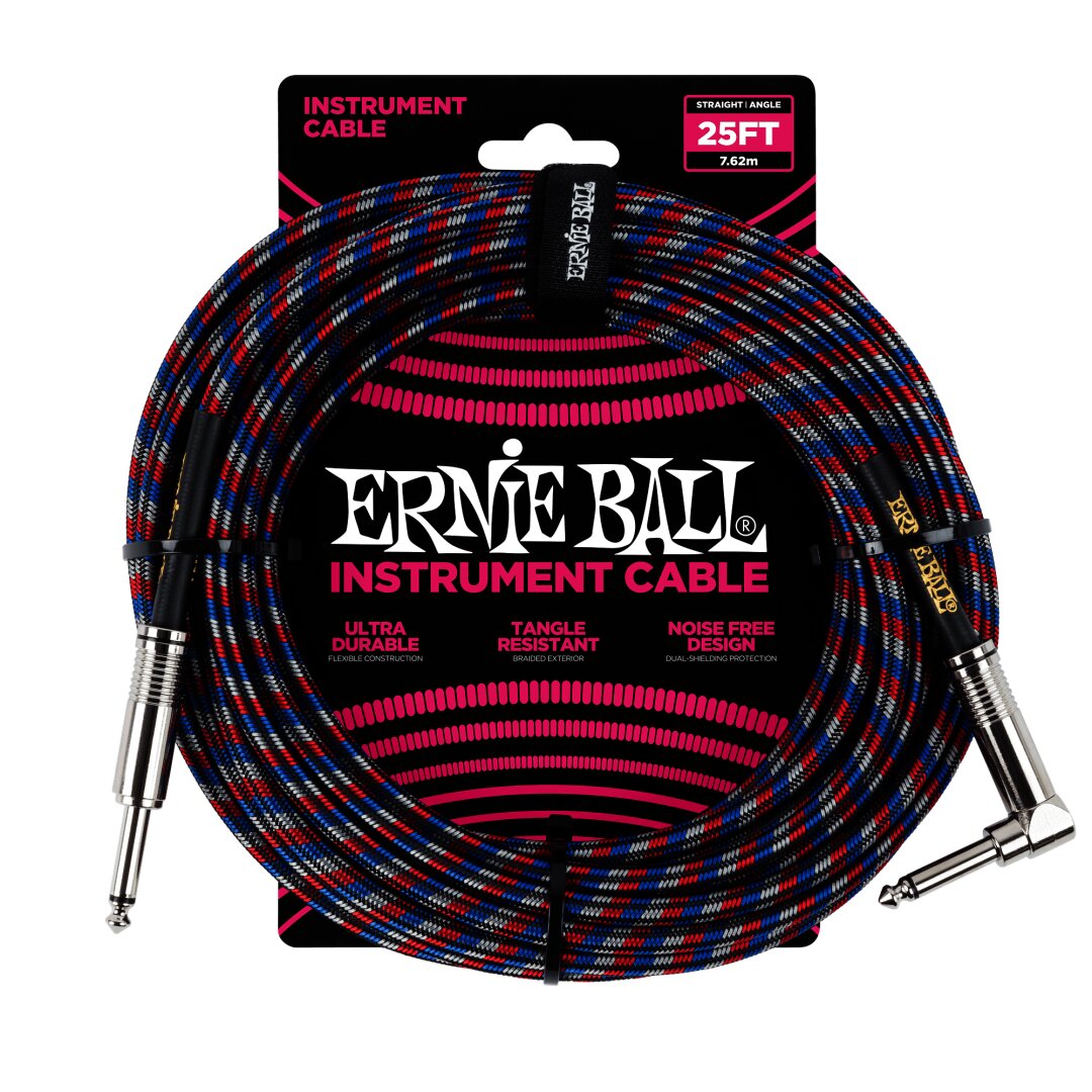 Ernie Ball 25' Braided Straight / Angle Instrument Cable - Black / Red / Blue / W