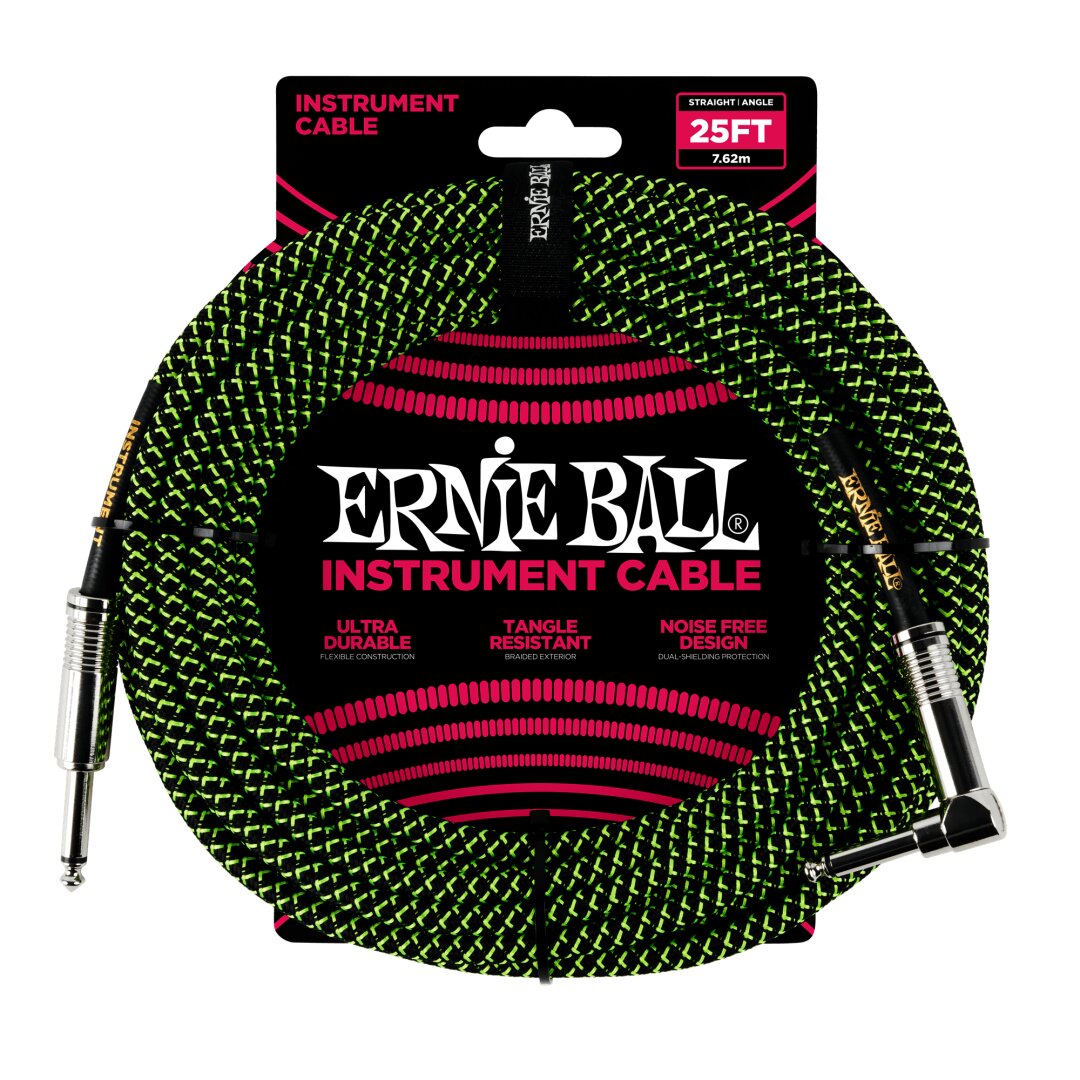 Ernie Ball 25' Braided Straight / Angle Instrument Cable - Black / Green
