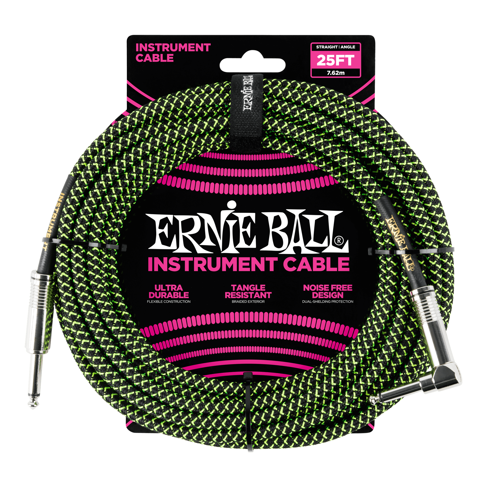 Ernie Ball Ernie Ball 25' Braided Straight / Angle Instrument Cable - Black / Green