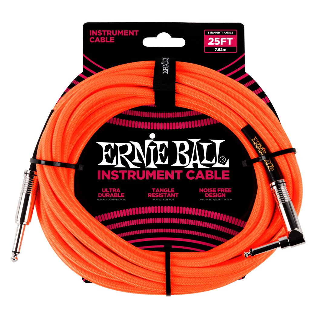 Ernie Ball 25' Braided Straight / Angle Instrument Cable - Neon Orange