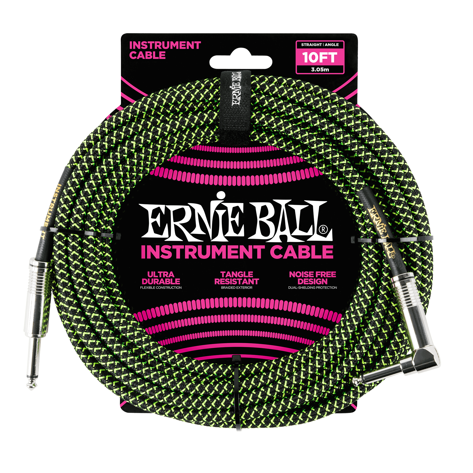 Ernie Ball Ernie Ball 10' Braided Straight / Angle Instrument Cable - Black / Green