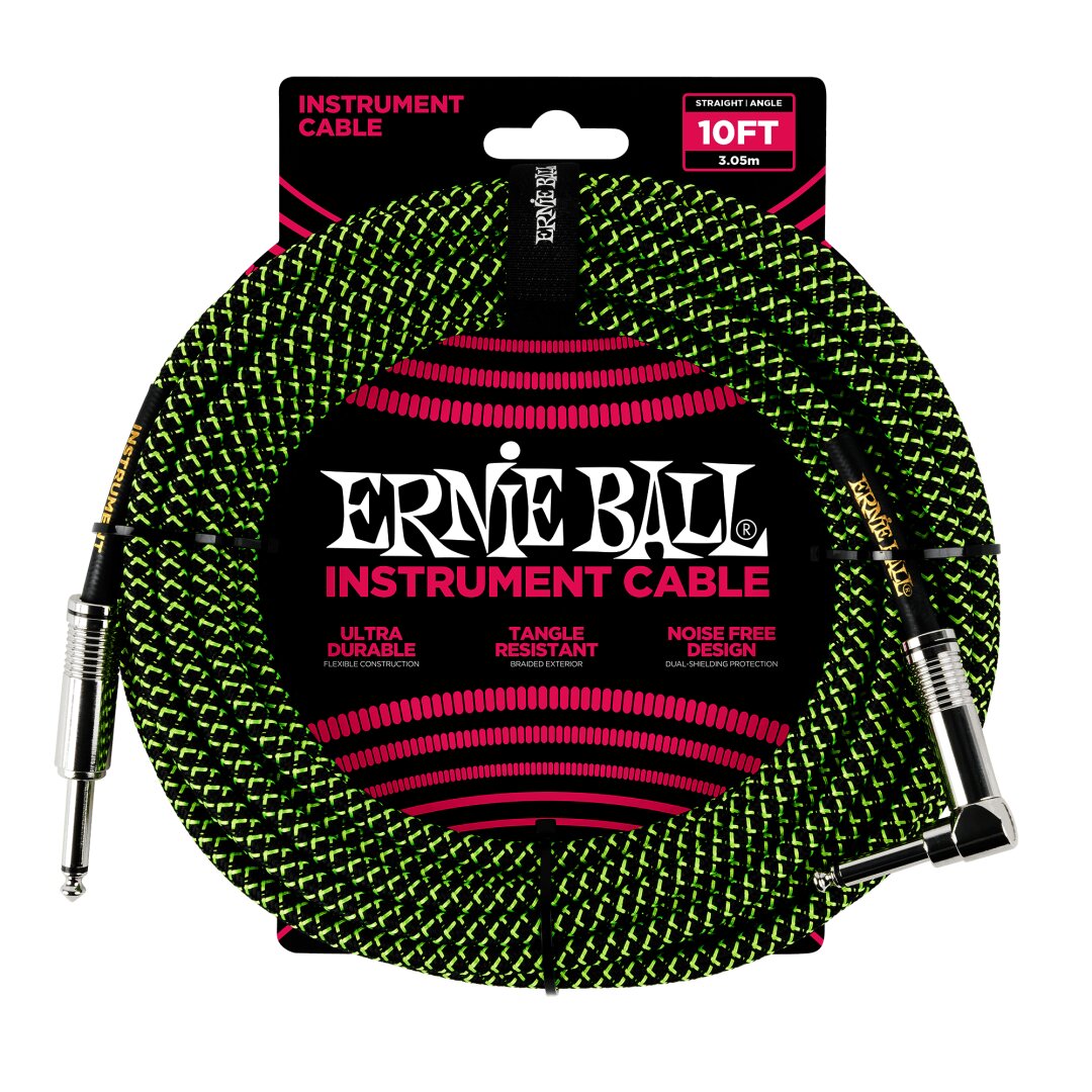 Ernie Ball 10' Braided Straight / Angle Instrument Cable - Black / Green