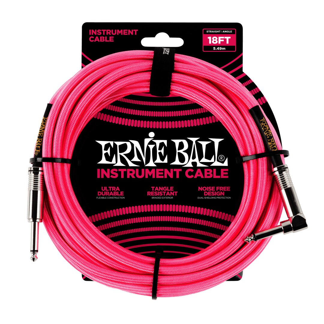 Ernie Ball 18' Braided Straight / Angle Instrument Cable - Neon Pink