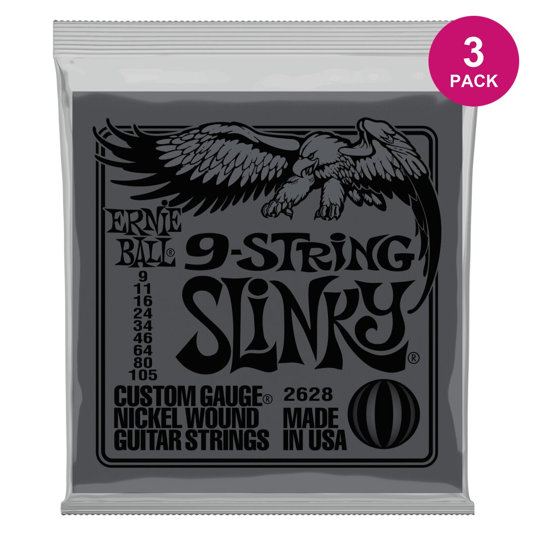 Ernie Ball Slinky 9-String Nickel Wound Electric Guitar Strings 3 Pack - 9-105 Gauge
